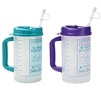 Plum Hill Drink Water Tracking Hospital Cups for Daily Intake Measuring with Straw, 32 oz Mugs with Teal and Purple Lids