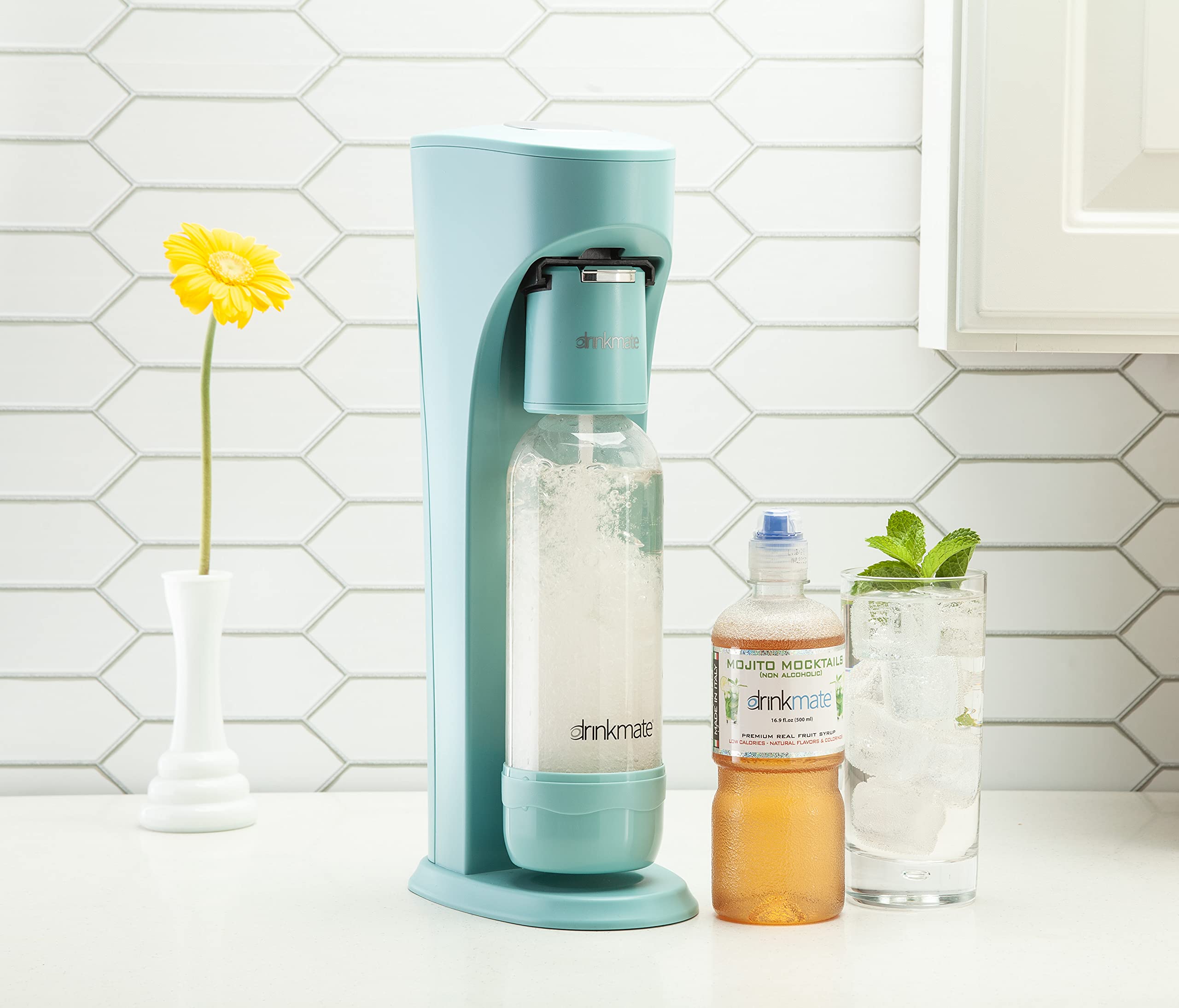 Drinkmate OmniFizz Sparkling Water and Soda Maker, Carbonates Any Drink, ULTIMATE BUNDLE With CO2 and BPA Free Bottles (Arctic Blue)