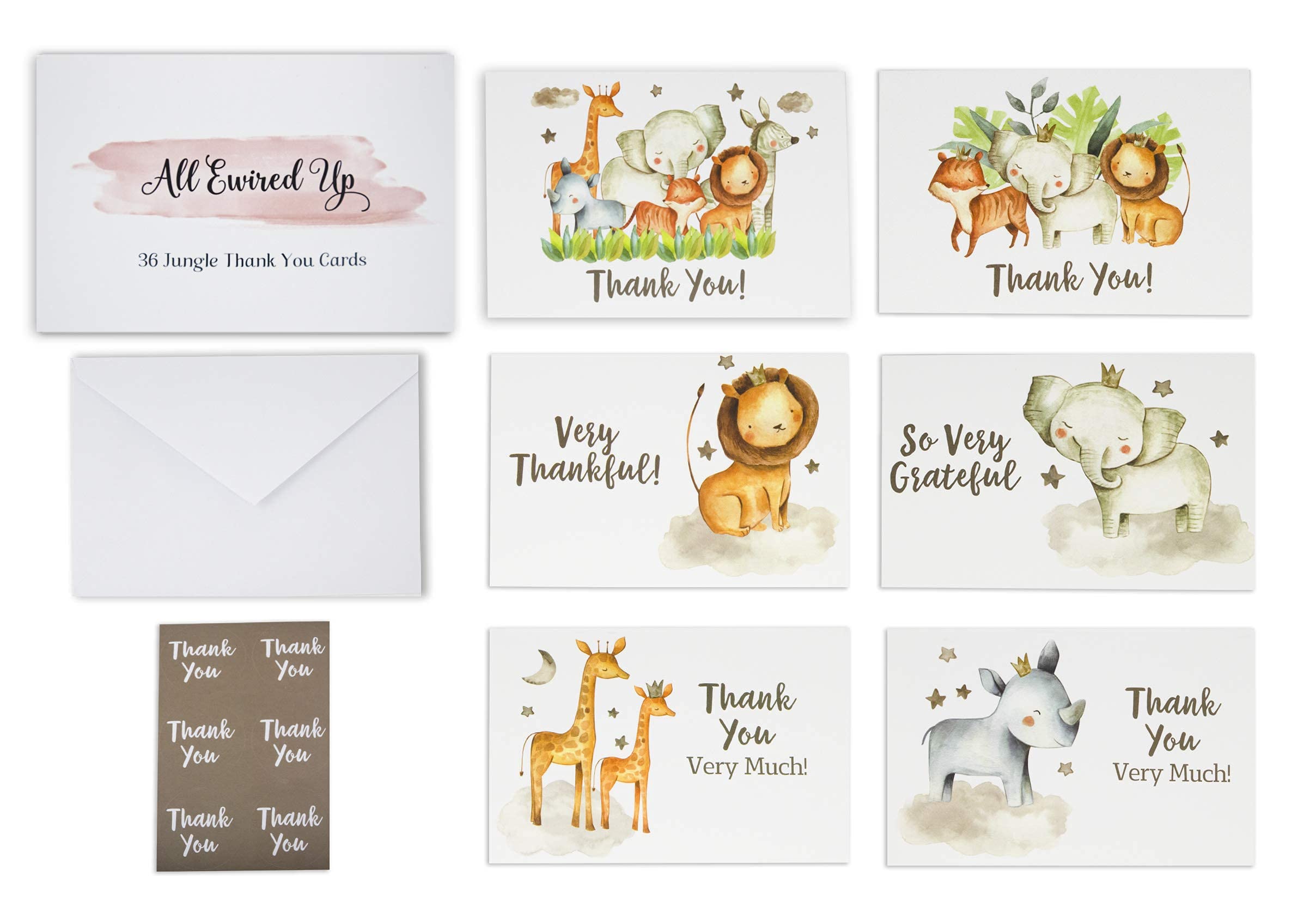36 Safari Thank You Cards Boxed With Envelopes and Stickers, Kids or Baby Shower Thank You Note, Jungle Greenery Gold 4x6 Varied Zoo Animal Giraffe Gratitude Card Pack For Party, Girl Boy Children Birthday Stationery