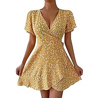 Women's Cute Summer Dresses New Sexy Floral Lace-Up Short Sleeve V Neck Dress, S-2XL