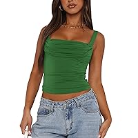 Women’s Sleeveless Square Neck Strappy Tank Top Sexy Ruched Backless Going Out Crop Camisole Tops