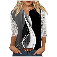 Womens 3/4 Length Sleeve Tops,Women Fall V Neck 3/4 Sleeve Shirts Print Lace Casual Button Blouse Loose Work Tunic Tops