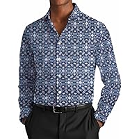 Mens Stylish Abstract Print On Blue Long Sleeves Dress Shirt for Summer ST15184