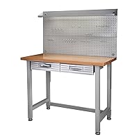 Seville Classics LED Lighted Pegboard Workcenter with 23 Peg Hook Assortment and Drawer Table, 48