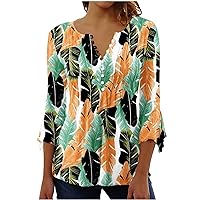 Women 2023 Summer Top Floral Print V-Neck 3/4 Sleeve Button T-Shirt Pleats Flowy Hem Shirts Casual Loose Blouse
