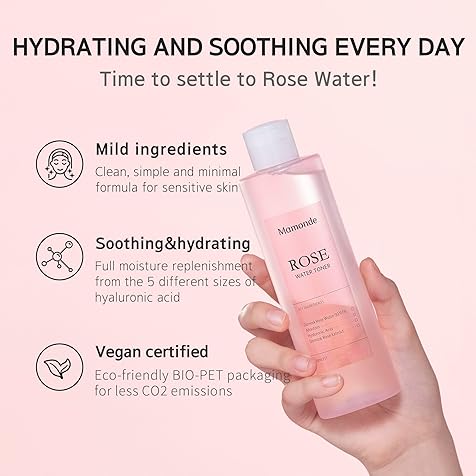 Rose Water Vegan Toner for Face - Vegan Korean Toner, 90.97% Pure Rose Water Toner, Organic Certified, Soothing and Hydrating, Alcohol-Free, Korean Skin Care, 8.45 Fl Oz