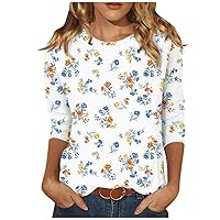 Basic Tops for Women,3/4 Length Sleeve Womens Tops Print Graphic Round Neck Tees Blouses Womens Tops Casual