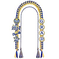 Graduation Leis 2024 and Graduation Cords, Graduation Money Leis with 8 Graduation Glitter Patches for Graduation Party Decorations (Graduation Lei & Graduation Cord, Blue & Gold)