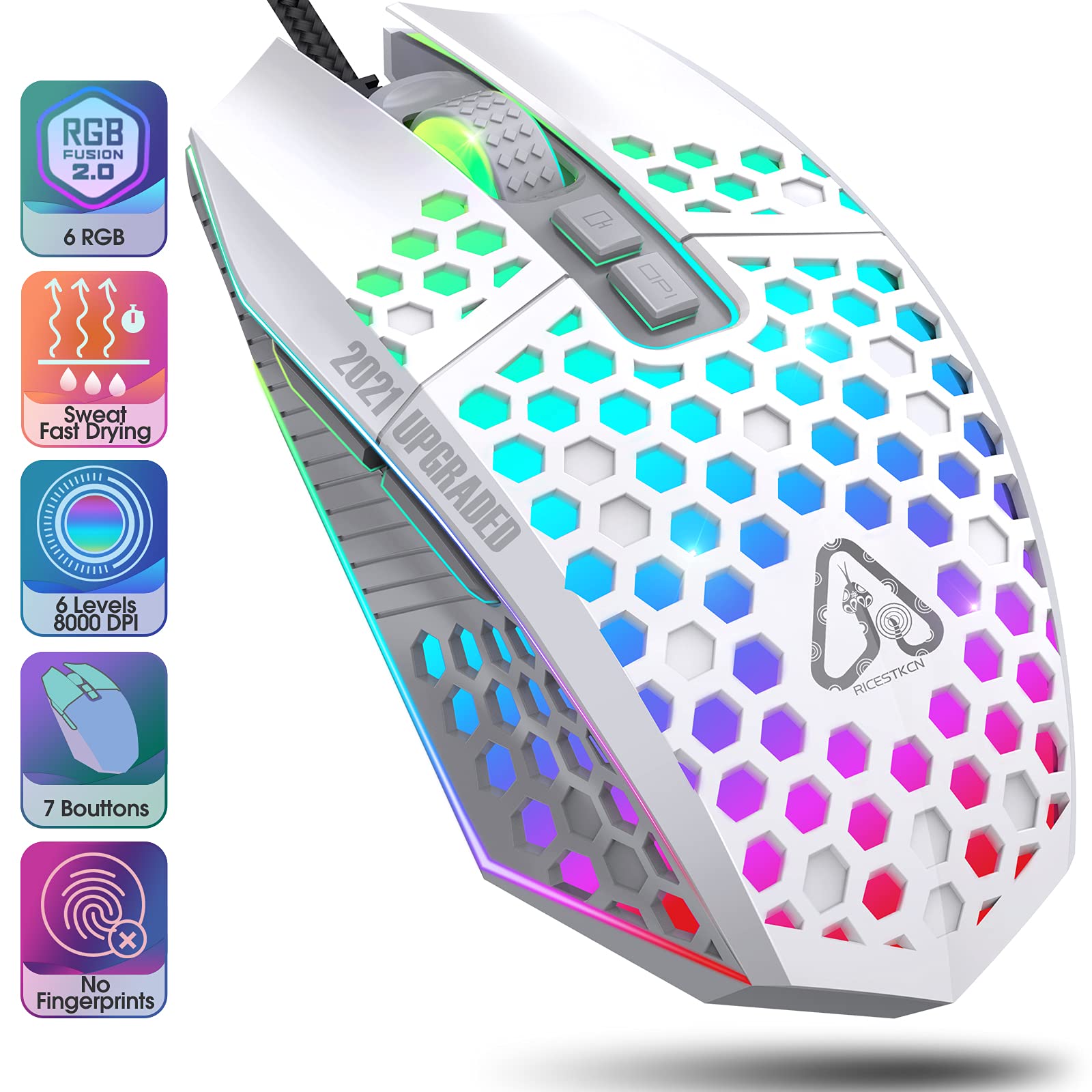 RICESTKCN Gaming Mouse PC Gaming Mice - Honeycomb Mouse Gamer RGB Gamingmouse Wired Ergonomic 6 Levels up to 8000 DPI 7 Programmable Buttons 7 Backlight Modes for PC Laptop Mac Windows Vista (White)