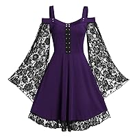 Dress for Ladies Spaghetti Strap Lace Bell Long Sleeve Goth Dress Cold Shoulder Halloween Medieval Costumes