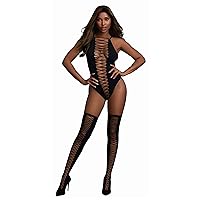 Dreamgirl Women's Opaque Seamless Criss-Cross Teddy and Matching Stockings Set, One Size Black