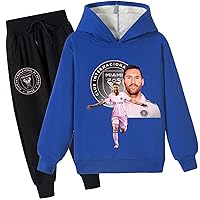 Boy Casual 2 Pcs Tracksuit Outfits Set Messi Pullover Hoodie-Kid Miami FC Hood Sweatshirt and Jogger Pants
