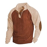Mens Henley Long Sleeve Corduroy Shirt Mens Stand Collar Button Down Pullover Sweatshirts with Elbow Patches