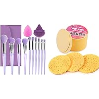 BEAKEY Travel Makeup Brushes, Silky Bristles Makeup Brush Set 12 Count (Pack of 1) & 60-Count Rounded Compressed Facial Cleansing Sponge