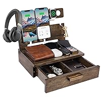Gifts for Dad Fathers Day from Daughter Son, Wood Phone Docking Station with Drawer Nightstand Organizer for Men, Anniversary Birthday Gift Ideas for Husband Him from Wife Boyfriend Graduation
