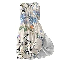 Summer Dresses for Women 2024 Spring Boho Floral Lapel Neck Button A-Line Lace-Up Dress Vacation Beach Flowy Long Dress