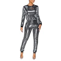 Lucuna Women's 2 Piece Outfits Glitter Sequin Metallic Shiny Pullover Tops & Pants Set Sparkly Party Clubwear
