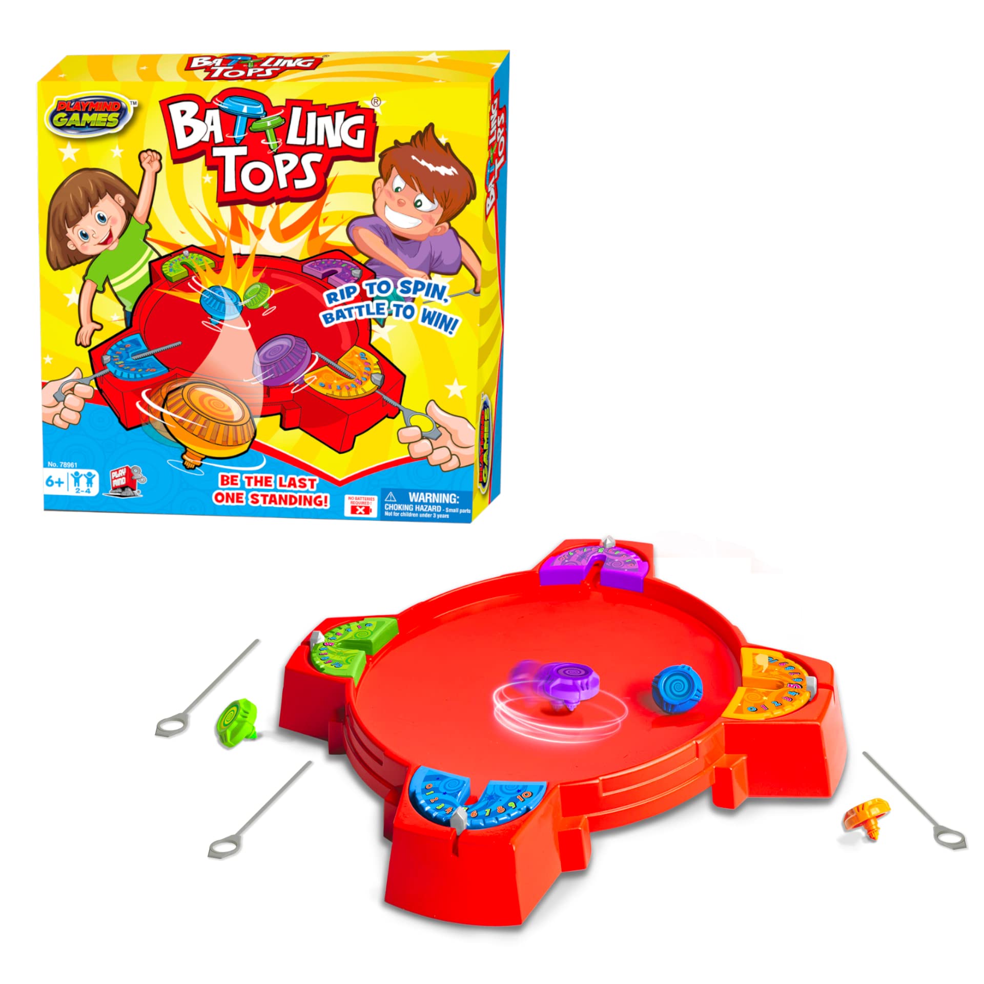 Playmind Battling Tops - The Original Classic Spinning Tops Game Set for 2-4 Kids. Insert, Press & Pull! Drop Battle Gyros in The Stadium to Combat with Each Other. Ages 6+ Boys & Girls