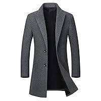 Men's Dressy Trench Coats Fashion Business Woolen Coat Turndown Collar Button Overcoat Mid Length Slim Fit Pea Coat
