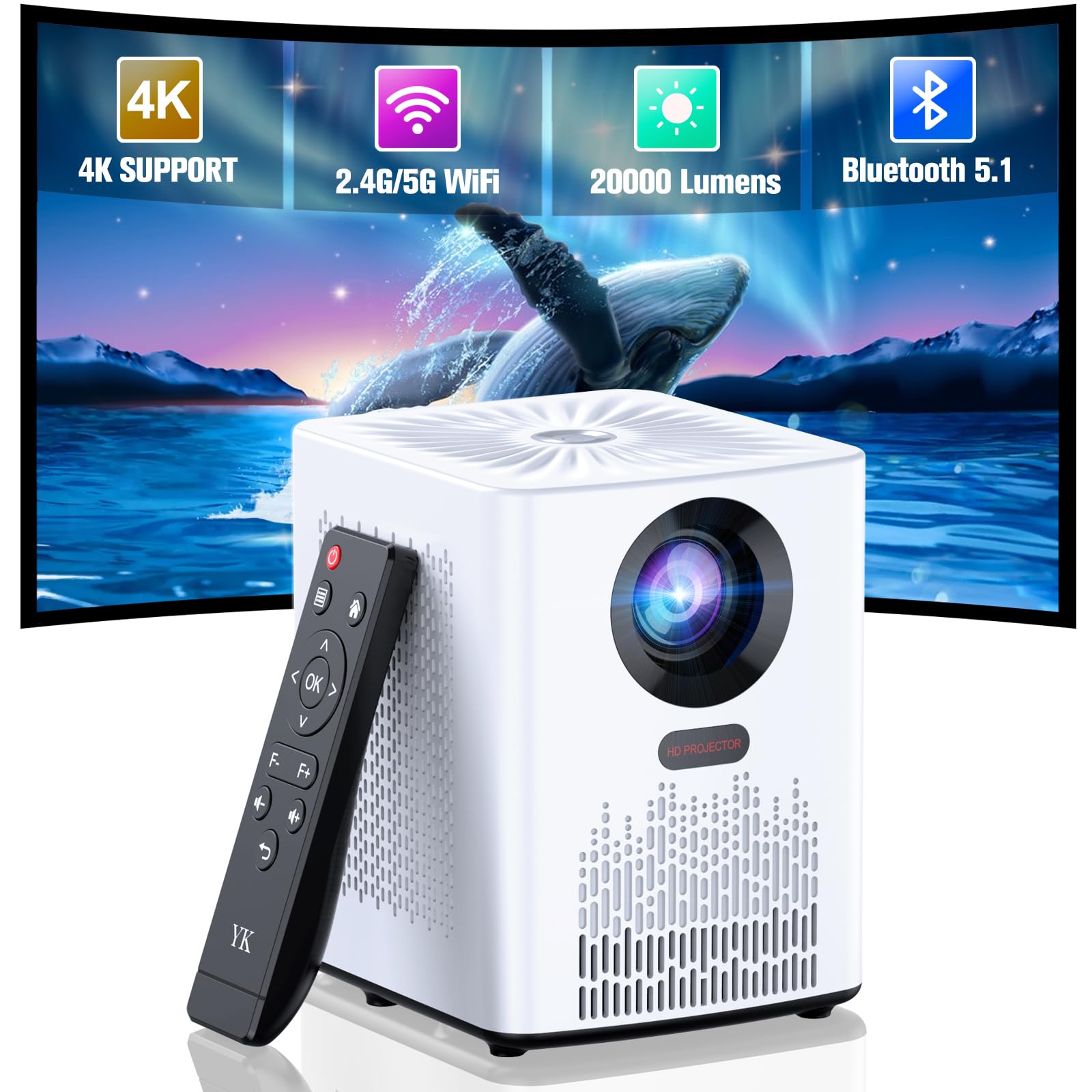 Projector with WiFi and Bluetooth, 5G WiFi 4K HD 20000L Portable Movie Projector with Mini Tripod, Outdoor Projector Home Video Smart Projectors Compatible with iOS/Android/Laptop/TV Stick/HDMI/USB