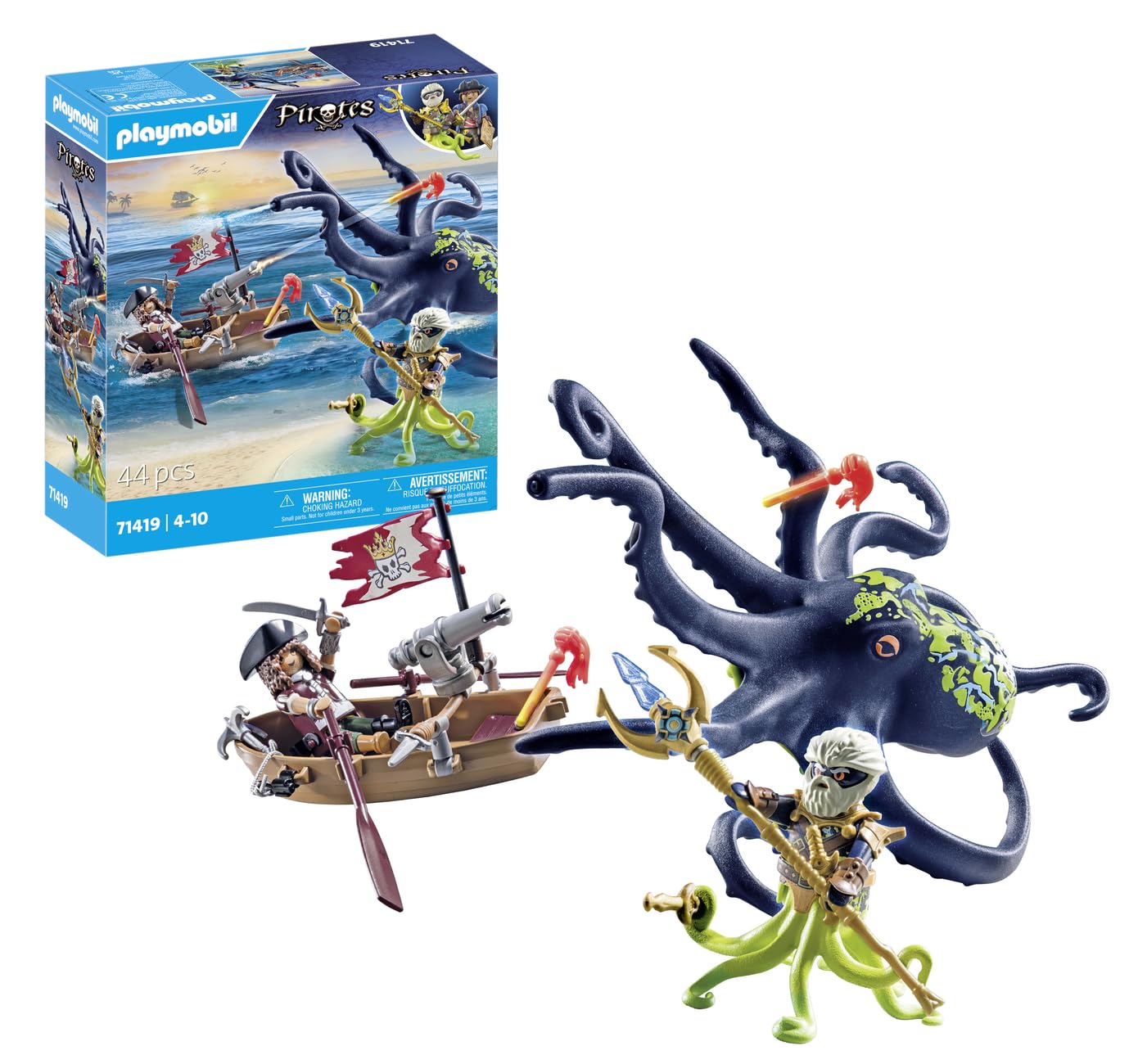 Playmobil 71419 Pirates: Battle with The Giant Octopus, Octopus with Water-Spraying Function and Functioning Cannon, Fun Imaginative Role Play, playsets Suitable for Children Ages 4+