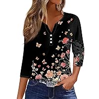 Button Down Shirts for Women 3/4 Sleeve V Neck Summer Casual T Shirts 2024 Trendy Pullover Blouse Fashion Tees