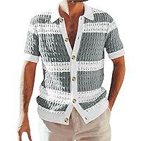Men's Summer Knitted Shirts Short Sleeve Cutout Button Down Polo Shirt 2024 Retro Casual Beach Hawaii Shirts Cardiga