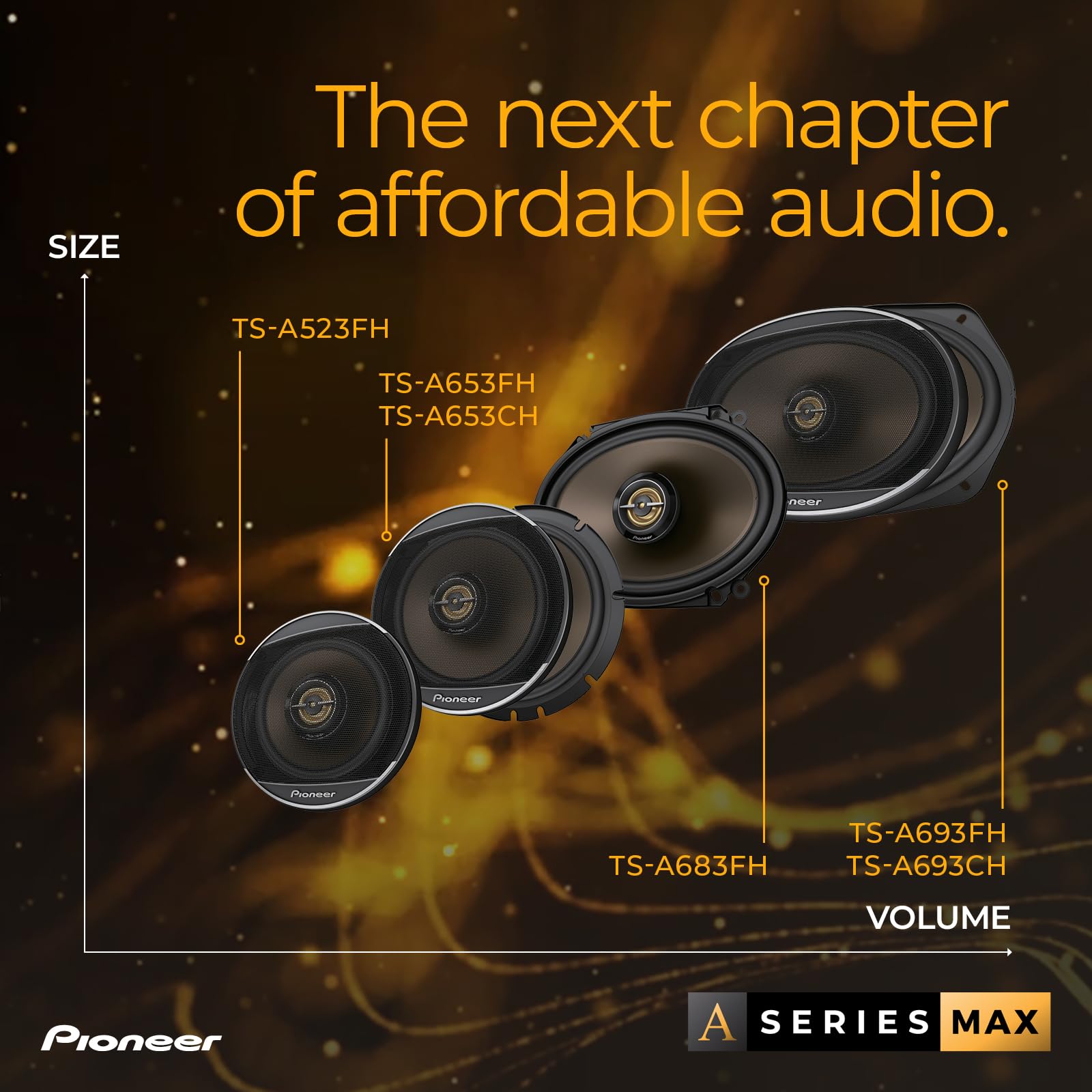 PIONEER A-Series MAX TS-A693FH, 2-Way Coaxial Car Audio Speakers, Full Range, Clear Sound Quality, Easy Installation and Enhanced Bass Response, Full Gold Colored 6” x 9” Oval Speakers