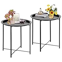 VECELO Side/End Table, Folding Round Metal Anti-Rust and Waterproof Outdoor or Indoor Tray for Living Room Bedroom Balcony and Office, 2 PCS, Black