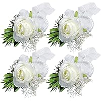 ChezMax Handmade White Wrist Flower Artificial Hand Flower with Ribbon 4 PCS for Bride Groom Wedding Prom Party