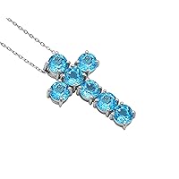 Natural 6 MM Round Swiss Blue Topaz Gemstone 925 Sterling Silver Holy Cross Pendant Necklace December Birthstone Blue Topaz Jewelry Love and Fridship Gift For Girlfriend(PD-8333)