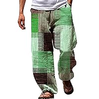 Mens Linen Pants Beach Summer Graphic Plaid Drawstring Pants 2024 Wide Leg Casual Elastic Waist Hawaiian Pants Men