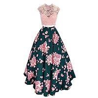 Womens 2 Piece Floral Prom Dress with Pockets Long V-Neck Satin Evening Ball Gown
