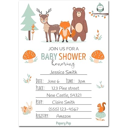 Papery Pop 30 Baby Shower Invitations for Boy or Girl with Envelopes (30 Pack) - Gender Neutral - Fits Perfectly with Woodland Animals Baby Shower Decorations and Supplies