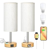 Touch Bedside Table Lamps Set - 3 Way Dimmable Bedroom Lamps Set of 2 with USB C and A Ports, Small Lamps for Nightstand with AC Outlet, Wood Base Round Flaxen Shade for Desk, Office, Dorm, Nursery