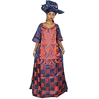TIDOIRSA African Dresses for Women,Bazin 3/4 Sleeves Inelastic Maxi Dress with Scarf