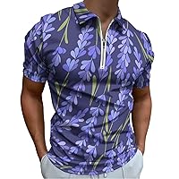 Lavender Pattern Polo Shirts for Men Zip Up Short Sleeve Golf Shirt Casual Collared T Shirt