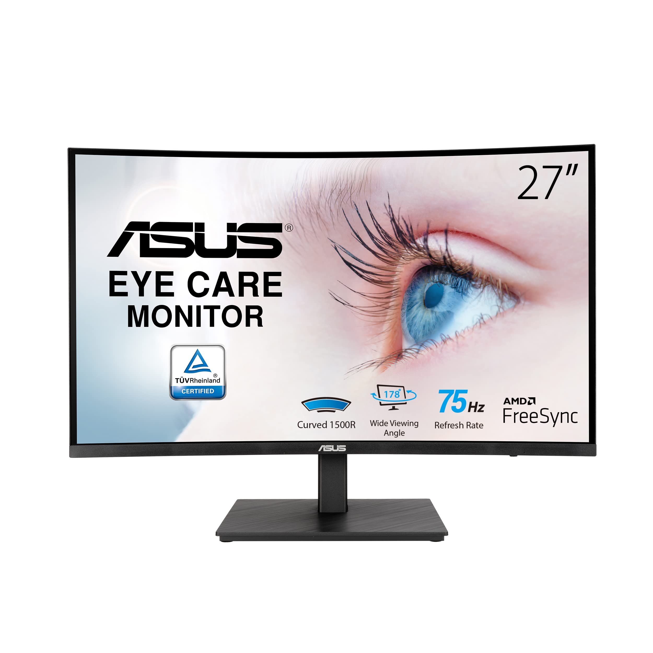 ASUS 27” 1080P Curved Monitor (VA27VQSE) - Full HD, 75Hz, 1ms, Adaptive-Sync/FreeSync, Low Blue Light, Flicker Free, VESA Mountable, Frameless, HDMI, DisplayPort, HDR-10, Height Adjustable