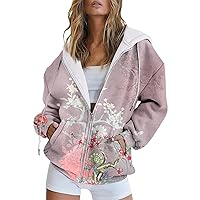 Women's Full Zip up Solid Color Hoodie Oversized Sweatshirt Casual Long Sleeve Drawstring Jacket Coat With Pockets