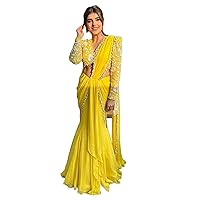 Yellow Maslin Plain Ready to Wear Draped Sari Lehenga Style Saree Blouse 4324