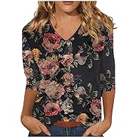 Crop Tops for Teen Girls, Casual Work Outfits for Women Plus Size Summer Outfits Three Quarter Sleeve Blouse Women's Summer V-Neck Tunic Trendy Tee Print 2024 Slim Tshirt Tops (Dark Gray,Medium)