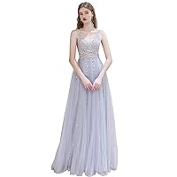 Women's V-Neck Beaded Sequins Tulle Evening Dress with Shawl