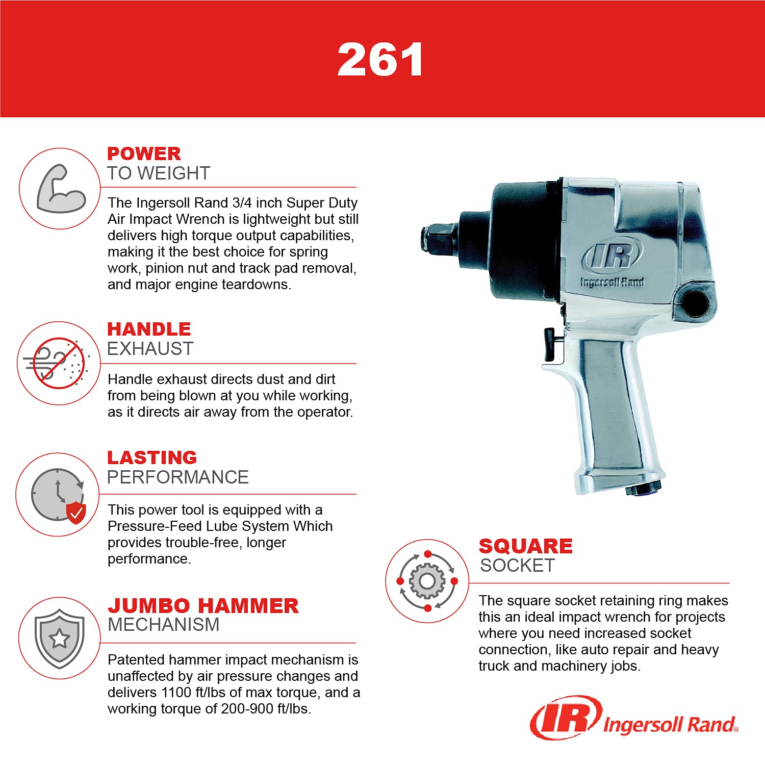 Ingersoll Rand 261 3/4-Inch Super Duty Air Impact Wrench - High Torque Output, Handle Exhaust, Pressure-Feed Lube System, Hammer Impact Mechanism, Silver