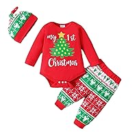 Baby Boy Set Xmas Infant Newborn Baby Boys Letter Long Sleeve Romper Tops Cartoon Pants with Hat (Red, 9-12 Months)