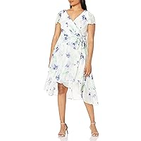 DKNY Women's Short Sleeve Asymmetrical Hem Faux Wrap Dress, Cream Water Color, 14
