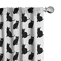 Ambesonne Cat Curtains, Black Cat on White Backdrop Playful Friendly Animals Posing Domestic Pets, Window Treatments 2 Panel Set for Living Room Bedroom, Pair of - 28
