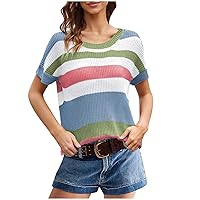 Womens Tops Short Sleeve Crew Neck Shirts Casual Dressy Solid Color Knitted Pullover Summer Fashion Teen Girls Y2K Tops