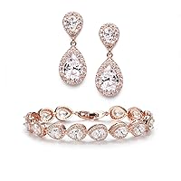SWEETV Rose Gold Teardrop Wedding Earrings and Bracelets for Brides, Bridal Wedding Jewelry Set for Women