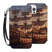 Fantasy Pirate Ship Wallet Cases for iPhone 12 with Card Holder - Flip Leather Phone Wallet Case Cover with Card Slots and Wrist Strap,6.1 Inch