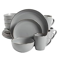 Gibson Home Round Dinnerware Set, Service for 4 (16pcs), Grey/Gold Rim